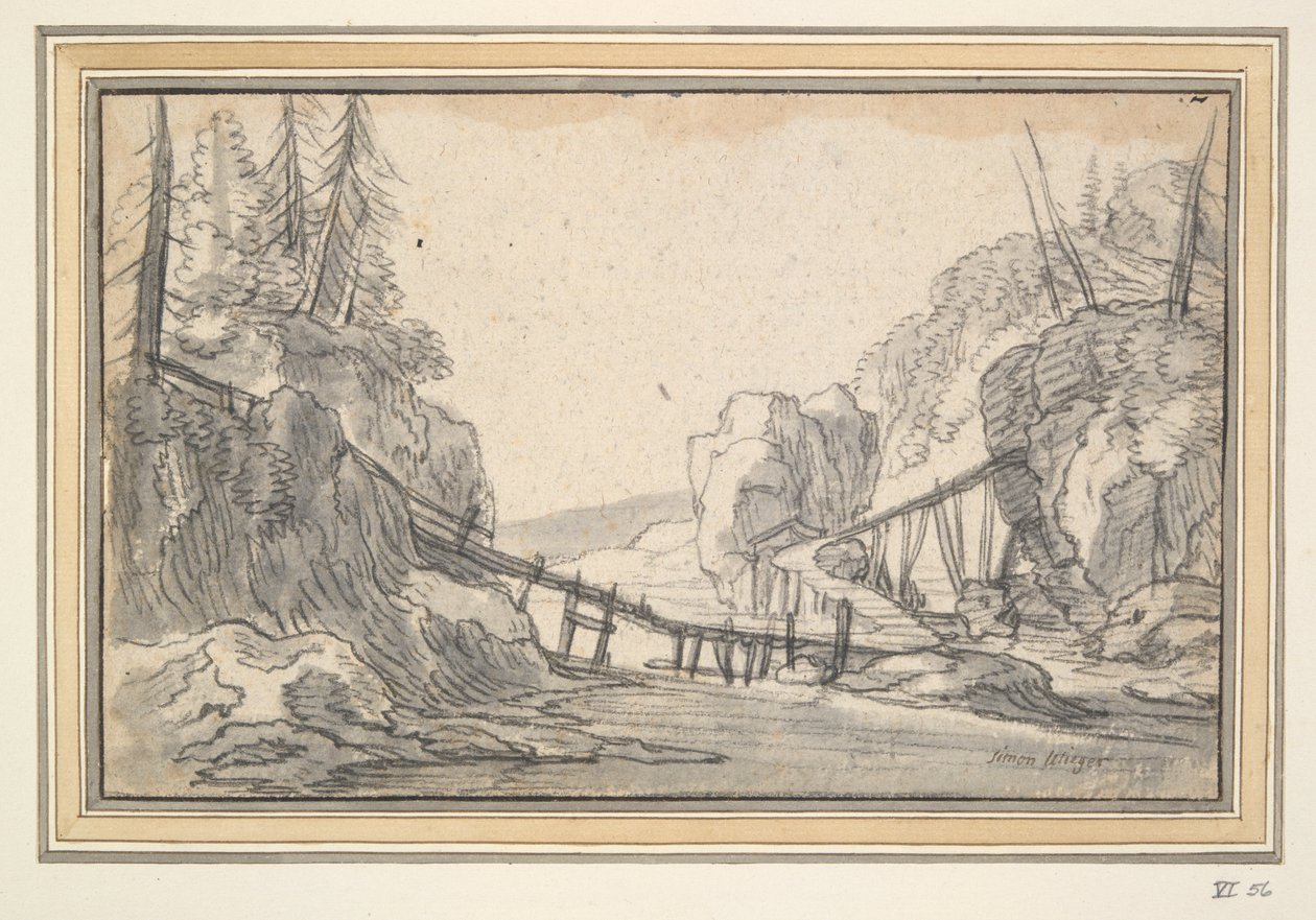 Fjelllandskap med gangbro av tre av Unknown
