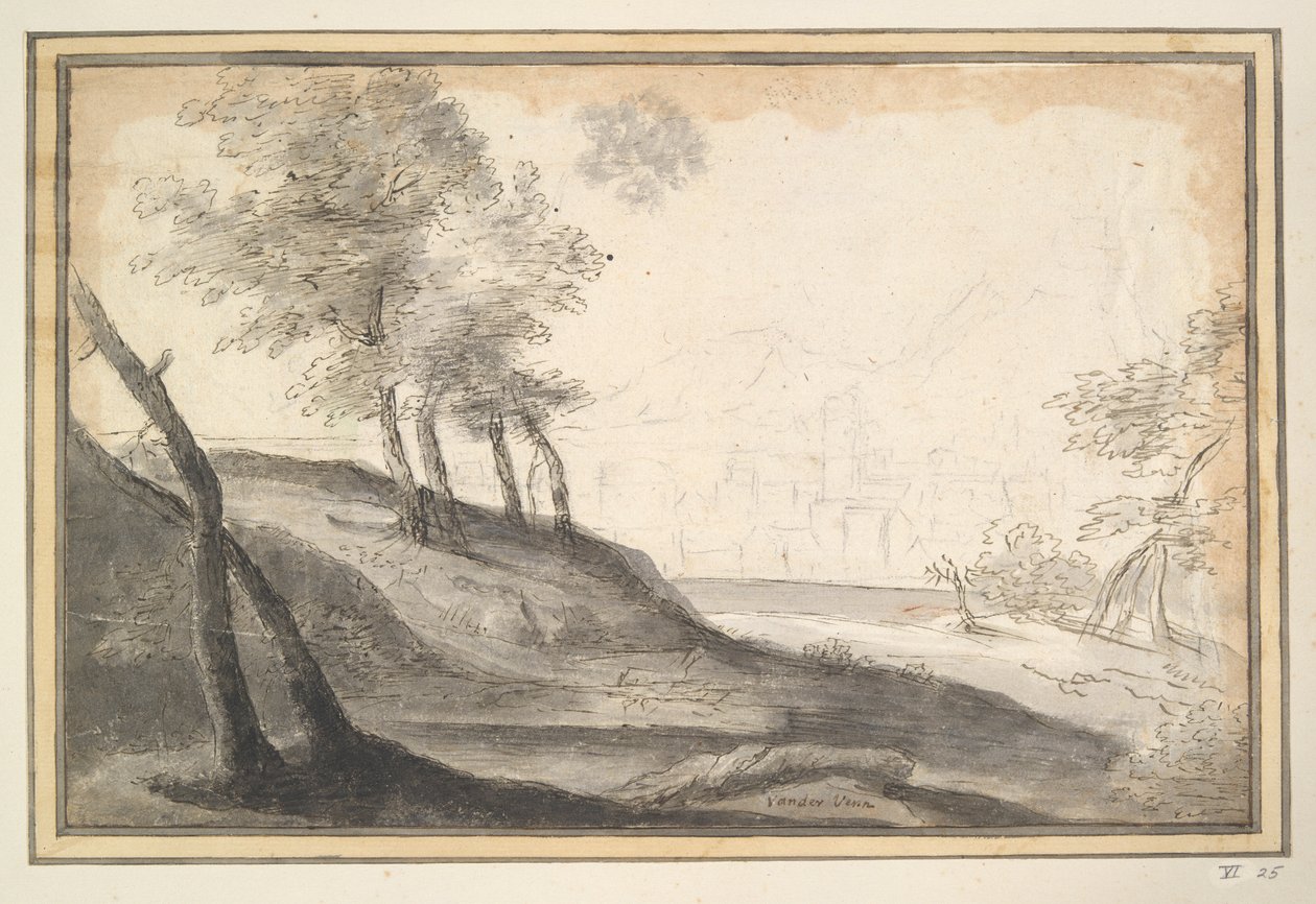 Fjelllandskap med trær og by i avstand av Unknown