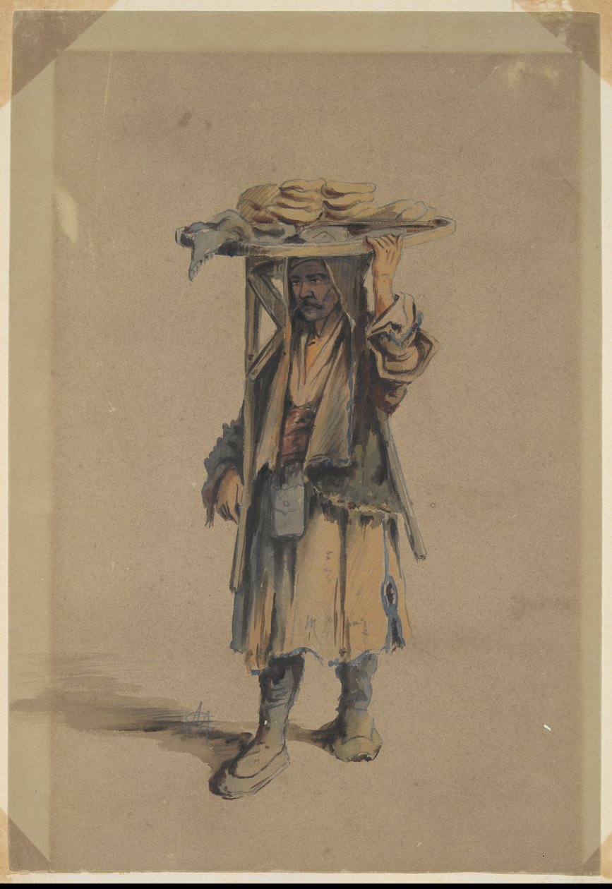 Bonde balanserer et brødbrett på hodet av Unknown