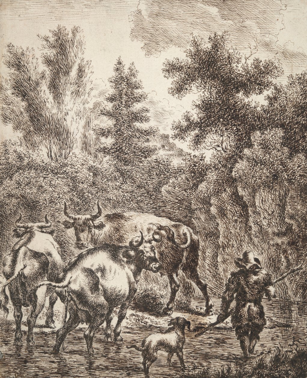 Bonde Fording Stream med storfe og hund av Unknown