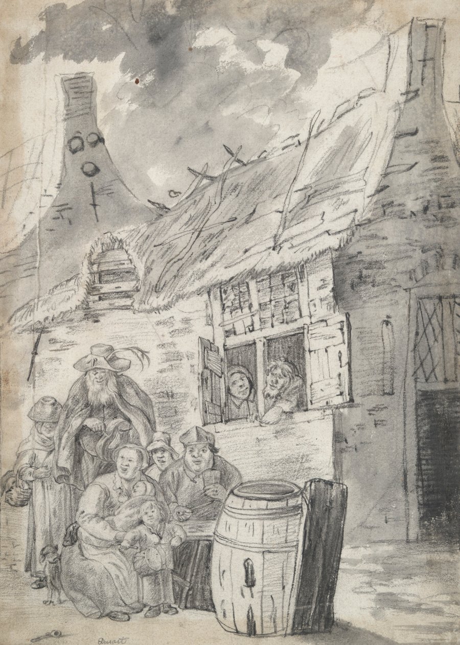 Bønder før en hytte av Unknown