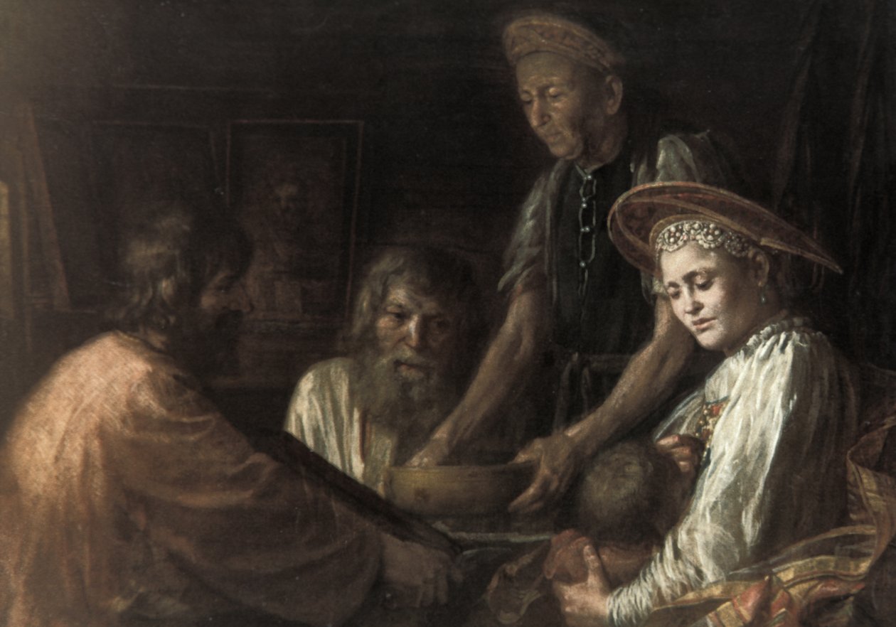 Bønder spiser middag et maleri av Mikhail Shibanov, 1774. av Unknown