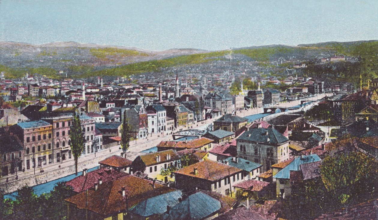 Postkort som viser Sarajevo og Appel-kaien, 1913 av Unknown