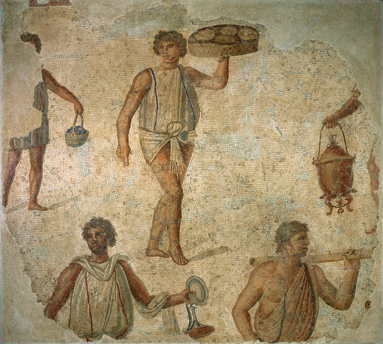 Forberedelser til en bankett, fragment av marmor, kalkstein og glassmosaikk fortau fra Carthage, Roman, ca. 180-90 e.Kr. av Unknown