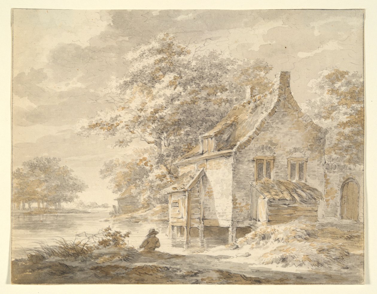 Elvelandskap med hus av Unknown