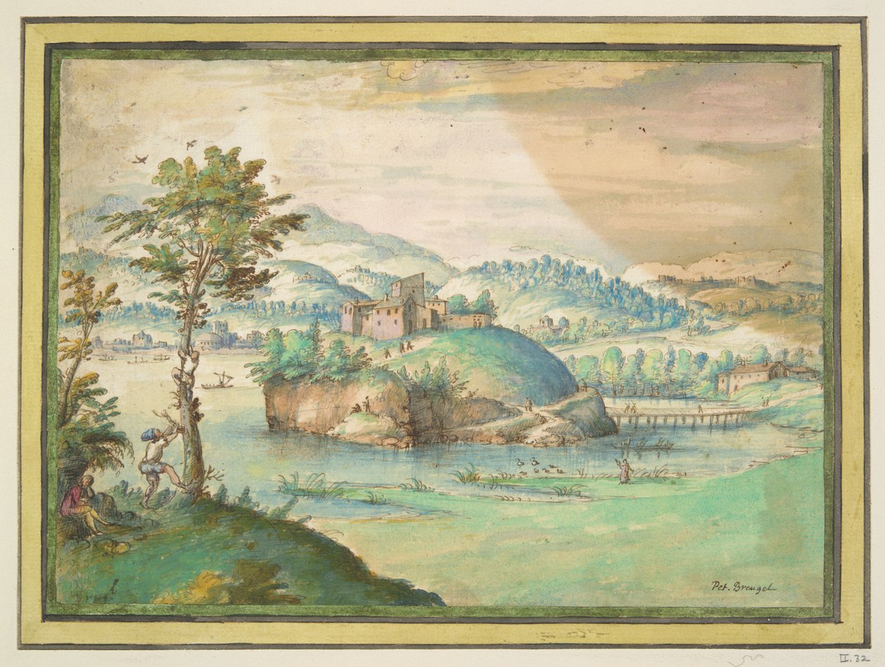 Elvelandskap med mann som klatrer i et tre av Unknown
