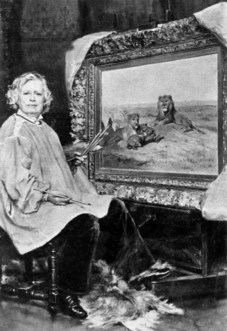 Rosa Bonheur (1822-1899) fransk naturmaler her foran et av lerretet hennes som representerer løver ca. 1875 av Unknown