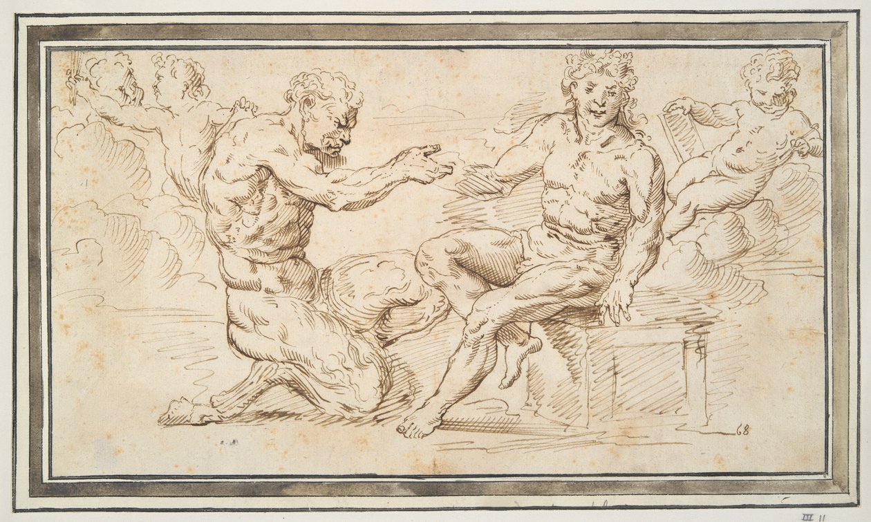 Satyr og ung mann sitter med Putti av Unknown