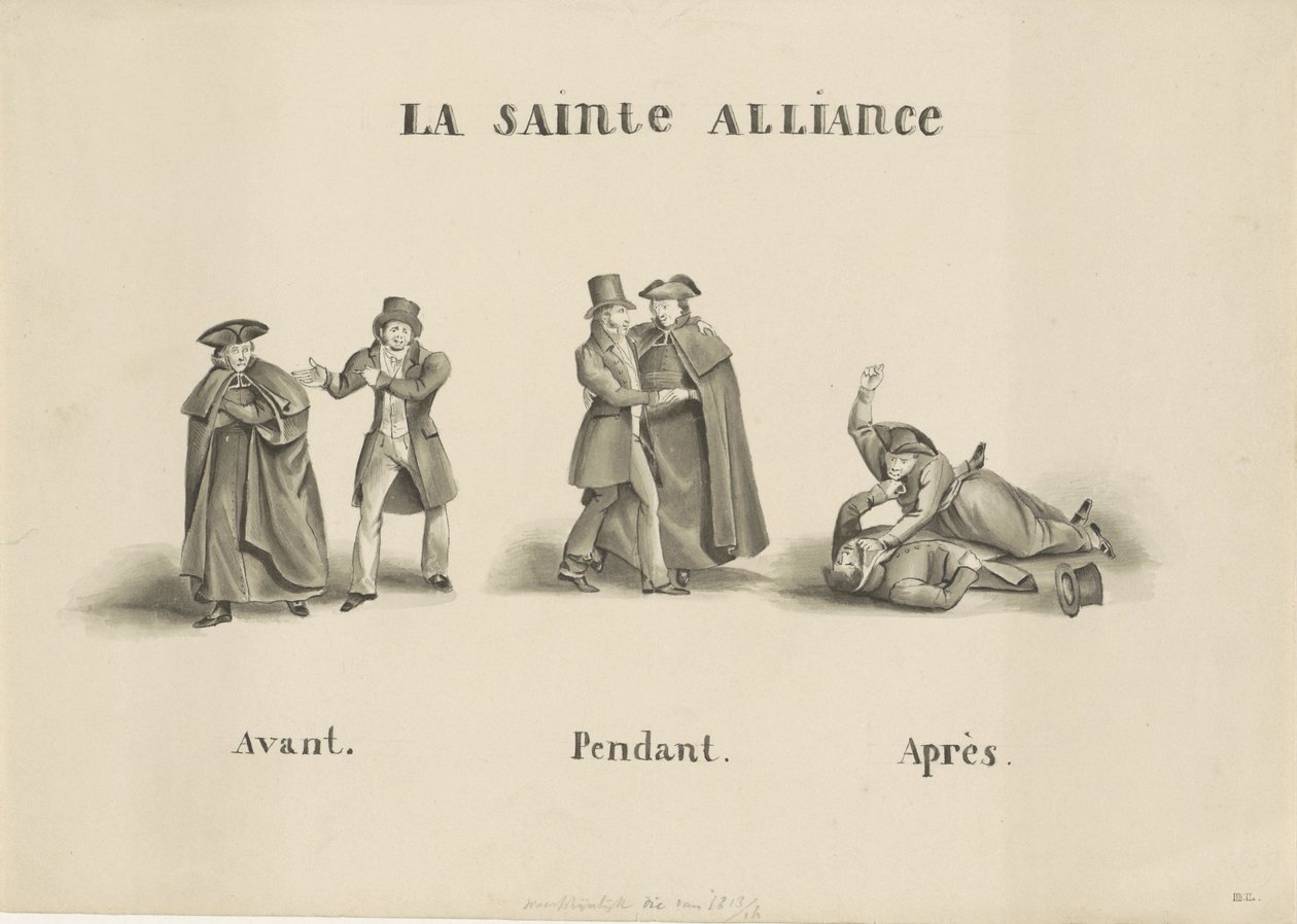 Tegneserie av alliansen laget mellom det romerske geistlige partiet og det liberale partiet mot den nederlandske regjeringen, 1828 La Sainte Alliance (tittel på objekt) av Unknown