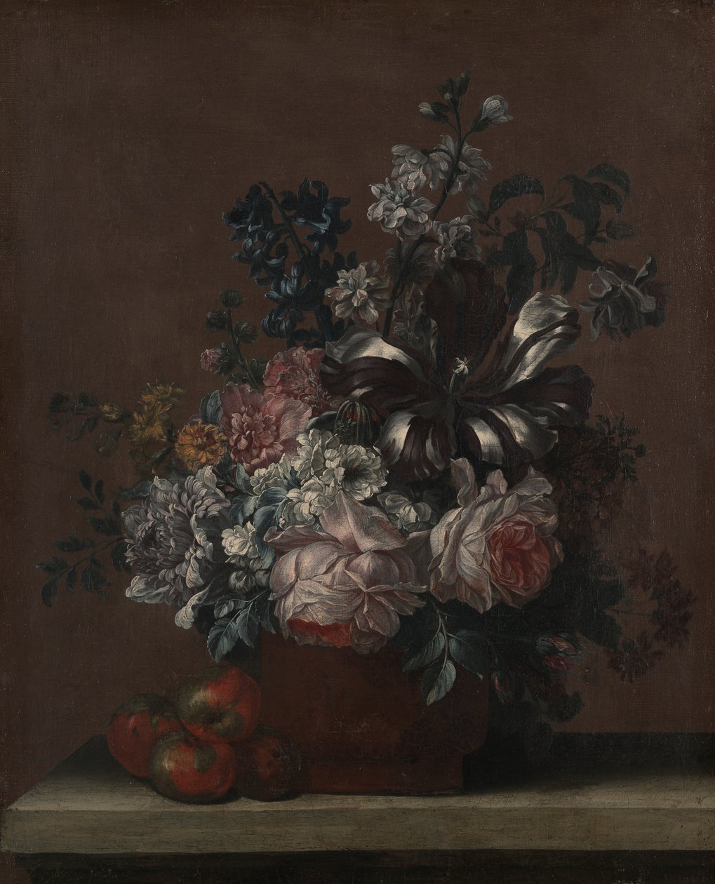 Stilleben med blomster og frukt (epler?) av Unknown