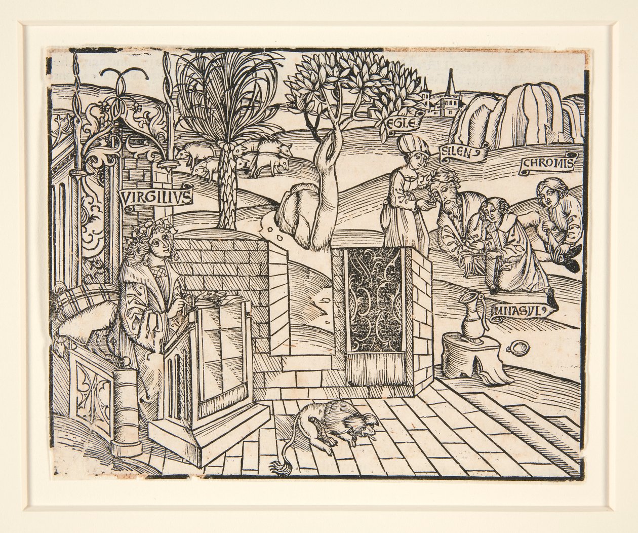 Shepherds Chromis og Mnasyle binder opp den sovende silenus. 1502. Fra en illustrert publikasjon av Virgil av Unknown