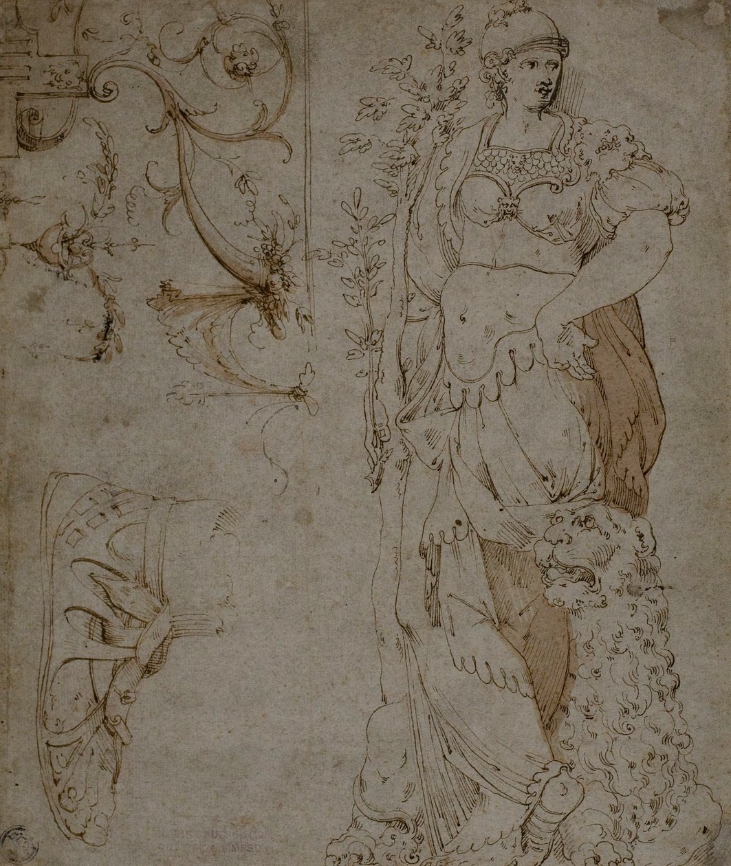 Tre skisser: Fortitude, a Sandal og Grotesques (recto); Skisser av Grotesques og Roman Cuirass (verso) av Unknown