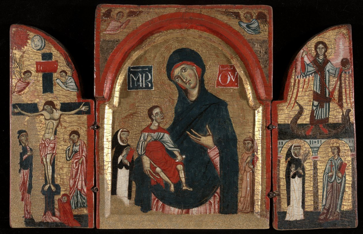 Triptych: Jomfru og barn med de hellige Dominic og Francis; Korsfestelsen; Den hellige Mikael med de hellige Peter Martyr og Katarina av Alexandria av Unknown