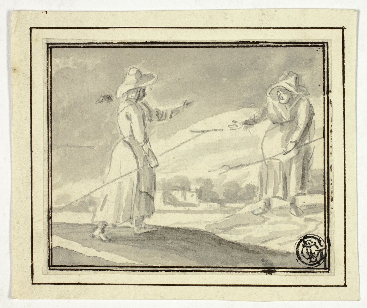 To bondekvinner som hilser på hverandre på et felt av Unknown