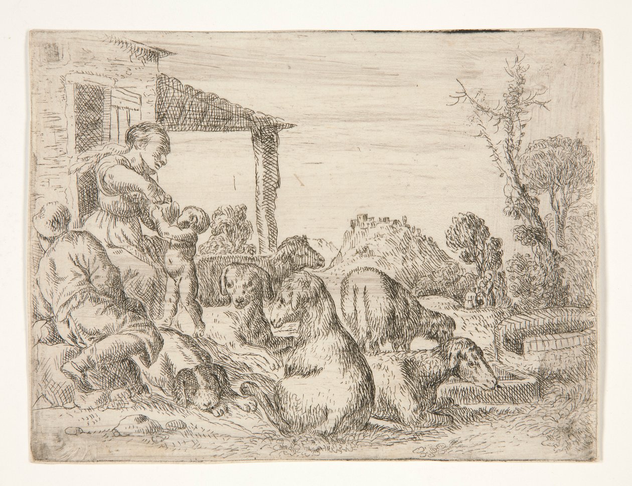 Uten tittel (bondefamilie med hunder og lam i et landskap) av Unknown