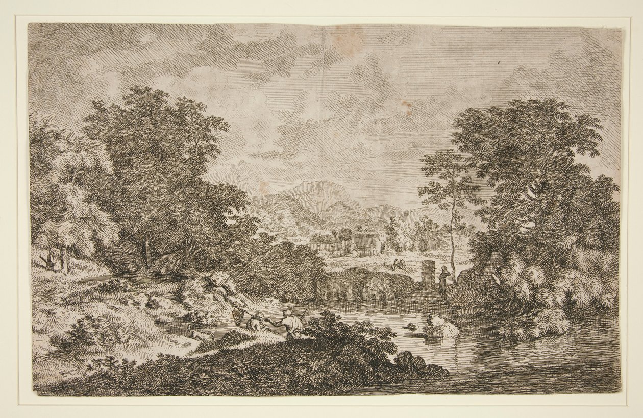 Uten tittel [Pastoral scene - fjellandskap nær vannmasse og fem figurer] av Unknown