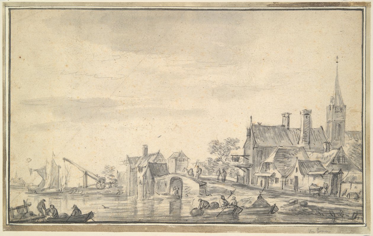 Landsby nær vann av Unknown