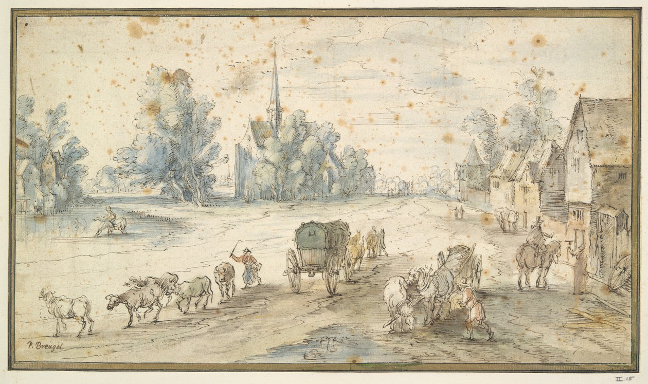 Landsbygate med storfe og kjerrer av Unknown