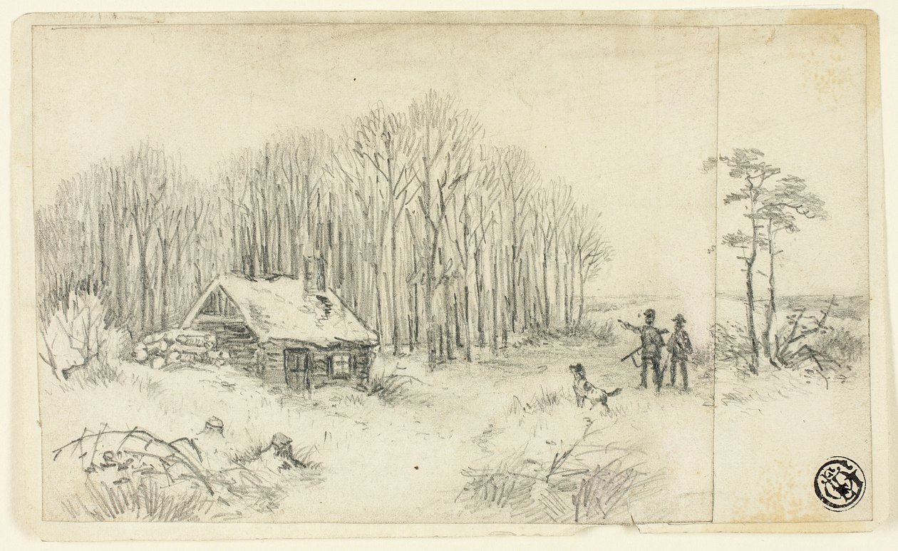 Woodland Hut, med jegere som nærmer seg av Unknown