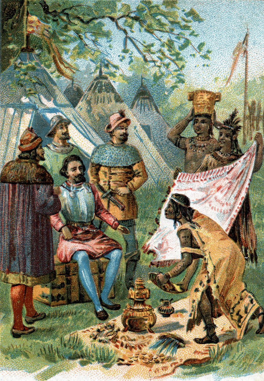 1518 - 1519: Fernand Cortez dro for erobringen av Mexico mottar gavene til keiser Montezuma. av Unknown artist