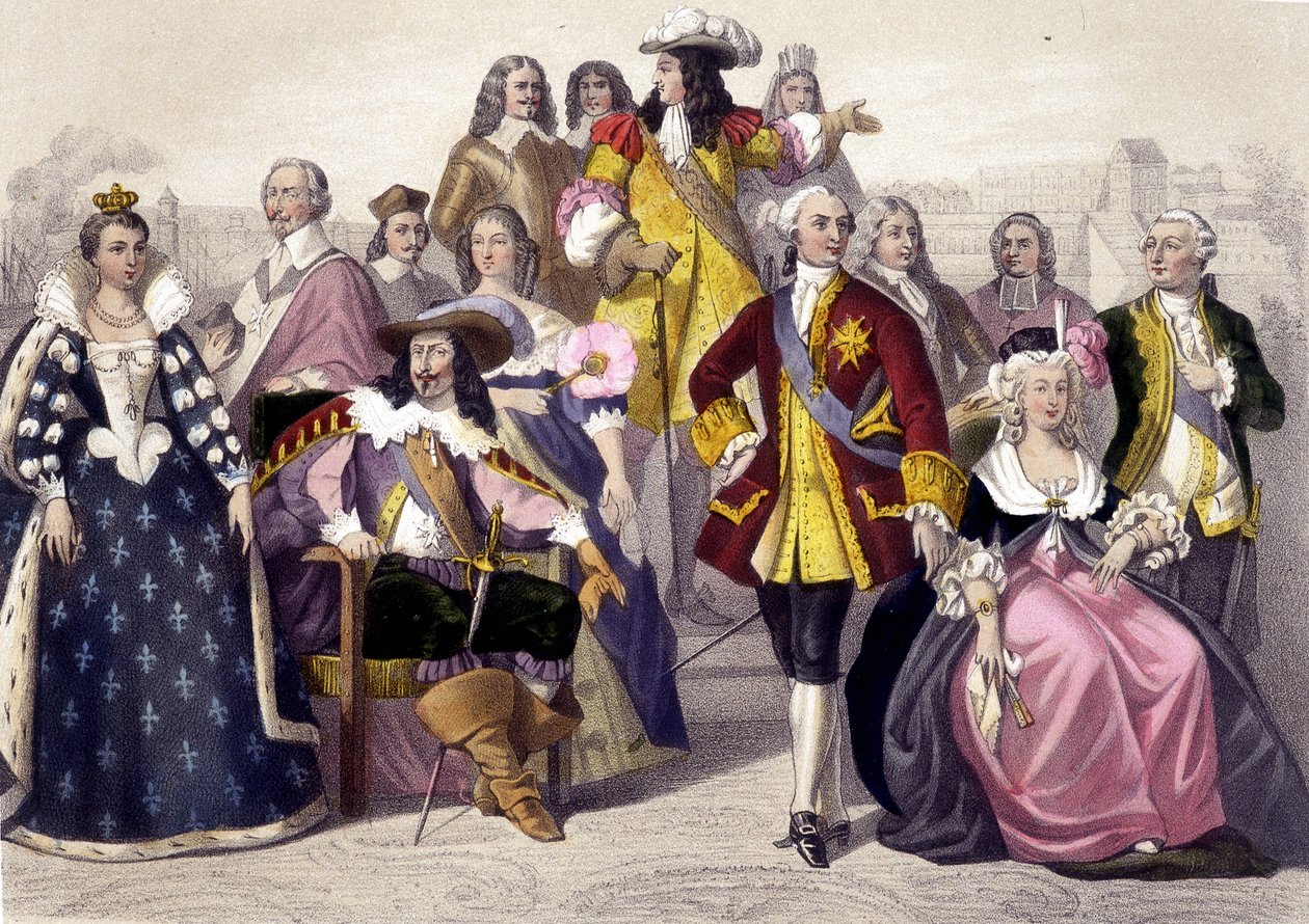 1610 til 1774. Marie de Medici, Ludvig XIII, Ludvig XV, Marie Antoinette og Ludvig XVI. Gravering av 1800-tallet. av Unknown artist