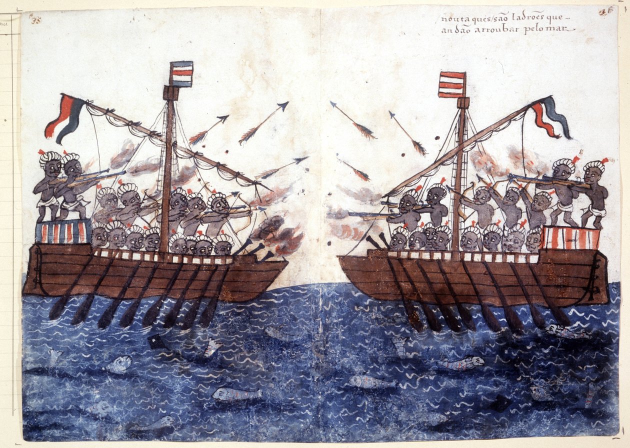 Gravering fra 1500-tallet som viser møtet med et piratskip i Det indiske hav. Roma biblioteca Casantense. av Unknown artist