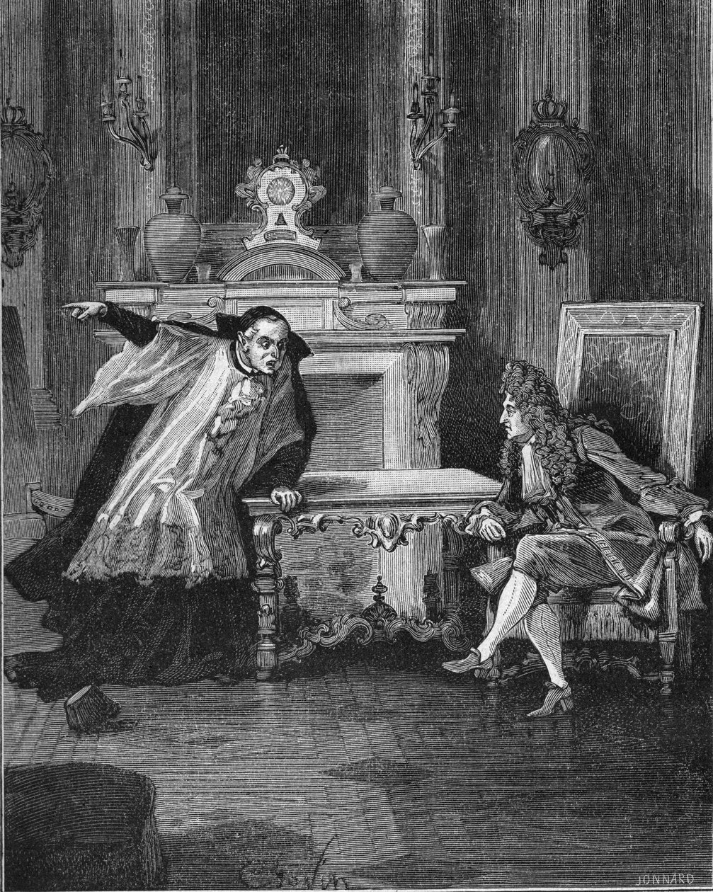 1715: the King of France Louis XIV (1638-1715) hearing the words of Father Michel Le Tellier (1643-1719), his Jesuite confessor. Engraving of the 19th century. In “Histoire de France” by Jules Michelet av Unknown artist