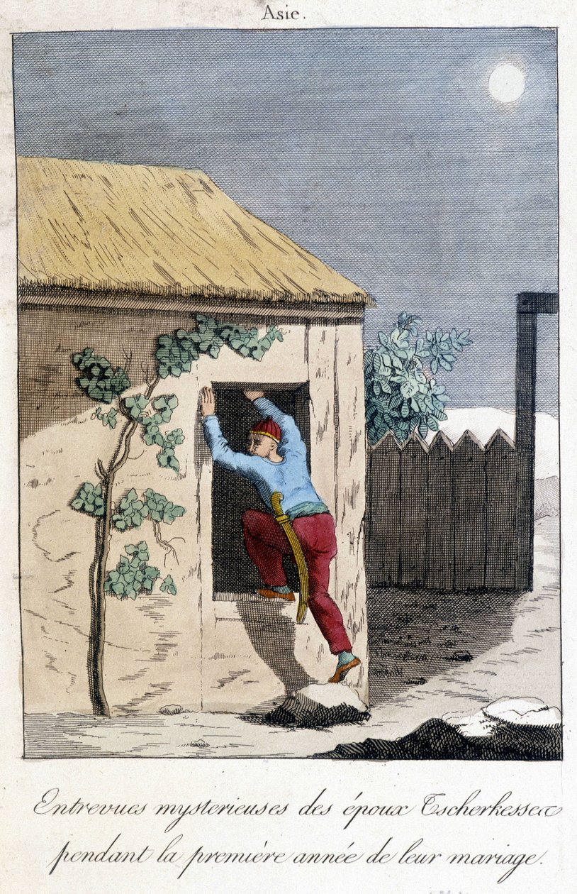 Diagram fra 1811 som illustrerer de mystiske intervjuene av Tscherkessens ektefeller i løpet av det første året av ekteskapet deres (Asia). av Unknown artist