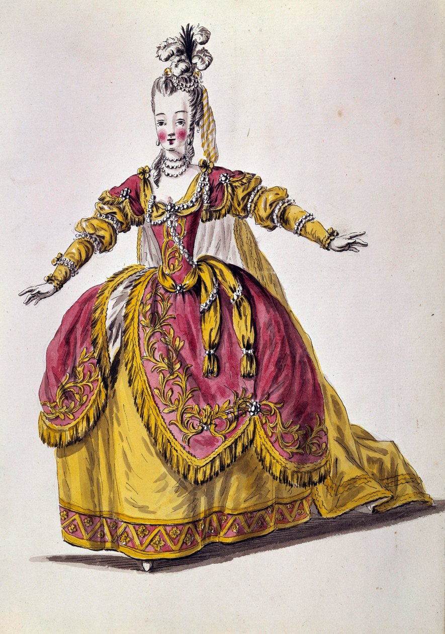 Teaterdrakt fra 1700-tallet, gravering av Paris fra 1800-tallet, B.N. av Unknown artist