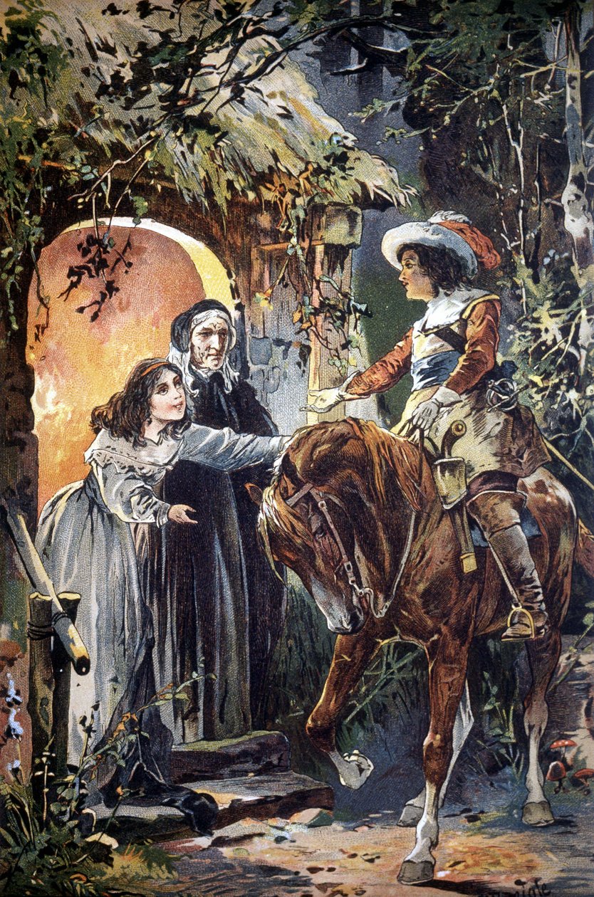 1800-tallsillustrasjon som viser en episode av en barnefabel: en ridder som besøker en ung jente og hennes bestemor. Gravering. av Unknown artist