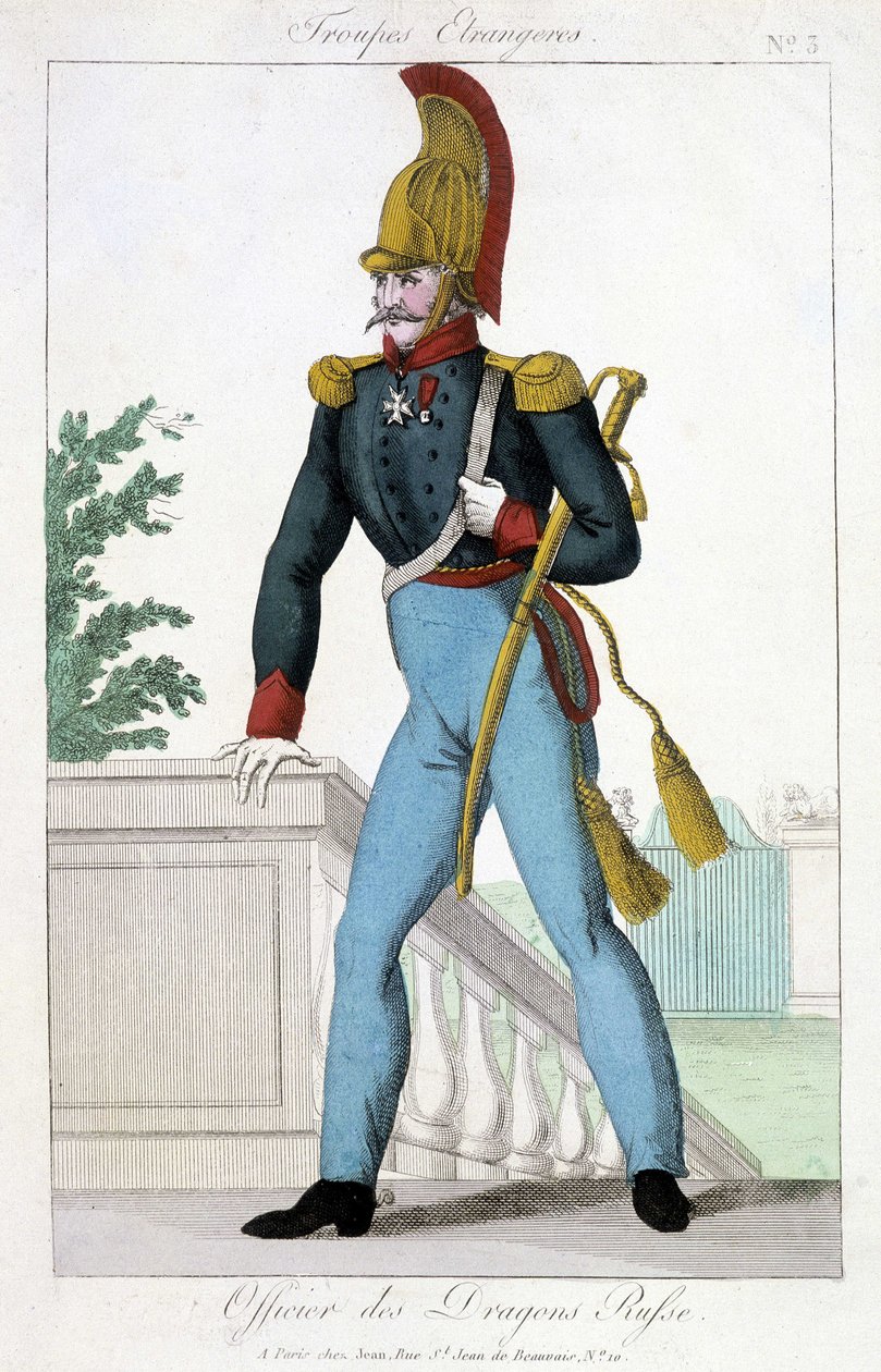 1800-tallsillustrasjon som representerer en offiser for de russiske dragene. av Unknown artist