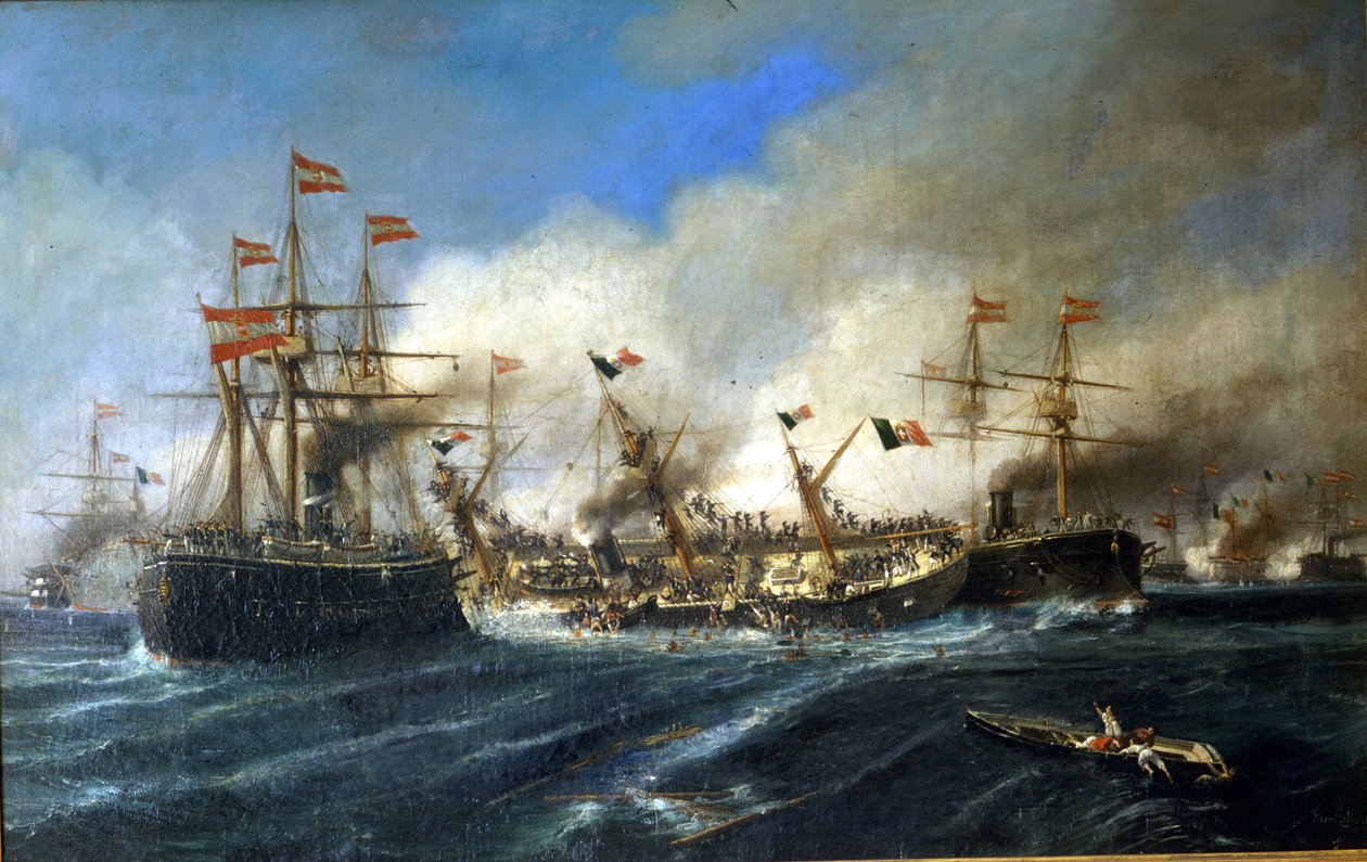 20/07/1866: Slaget ved Lissa utenfor Dalmatia: østerrikerne ødelegger den italienske flåten. av Unknown artist