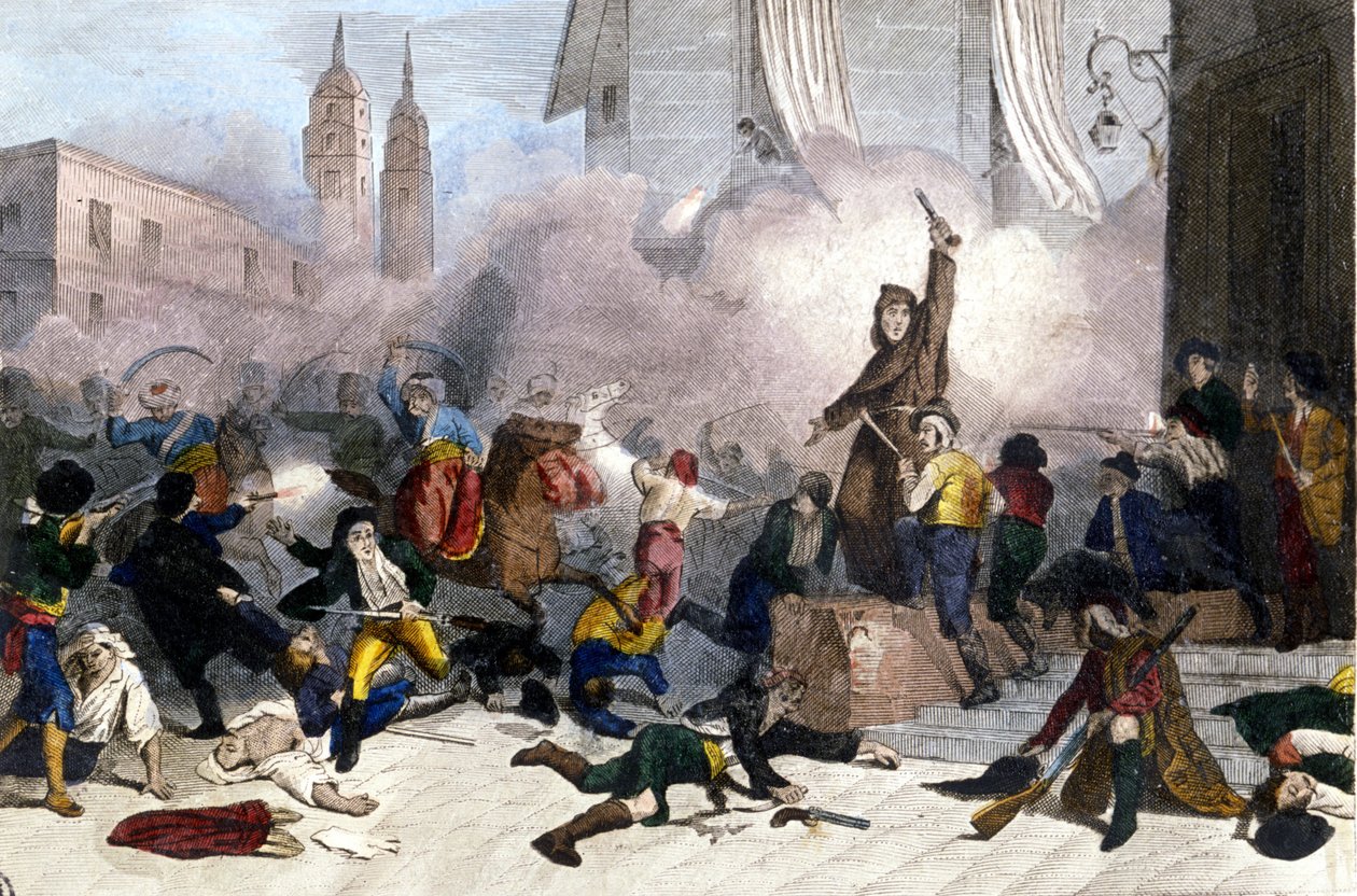 05.02.1808: Madrid-opprøret mot den franske overtakelsen av Spania. Gravering fra 1800-tallet av Unknown artist
