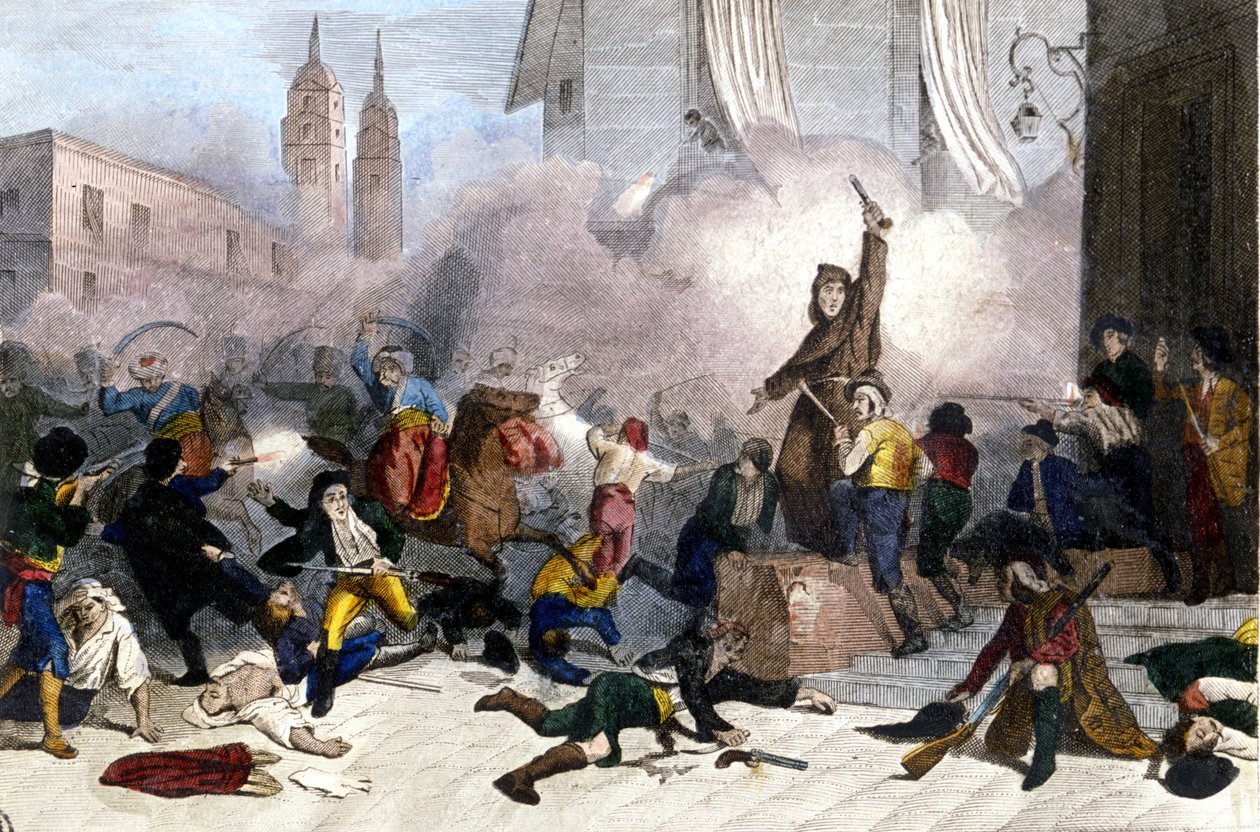 2/05/1808: Madrid-opprøret mot den franske overtakelsen av Spania. Litografi rundt 1830. av Unknown artist