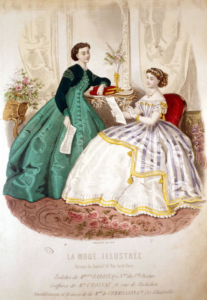 2 kvinner som leser: toalettet til Miss Raboin og frisyrene til M. Croisat - i «La Mode illustrert»» av Unknown artist