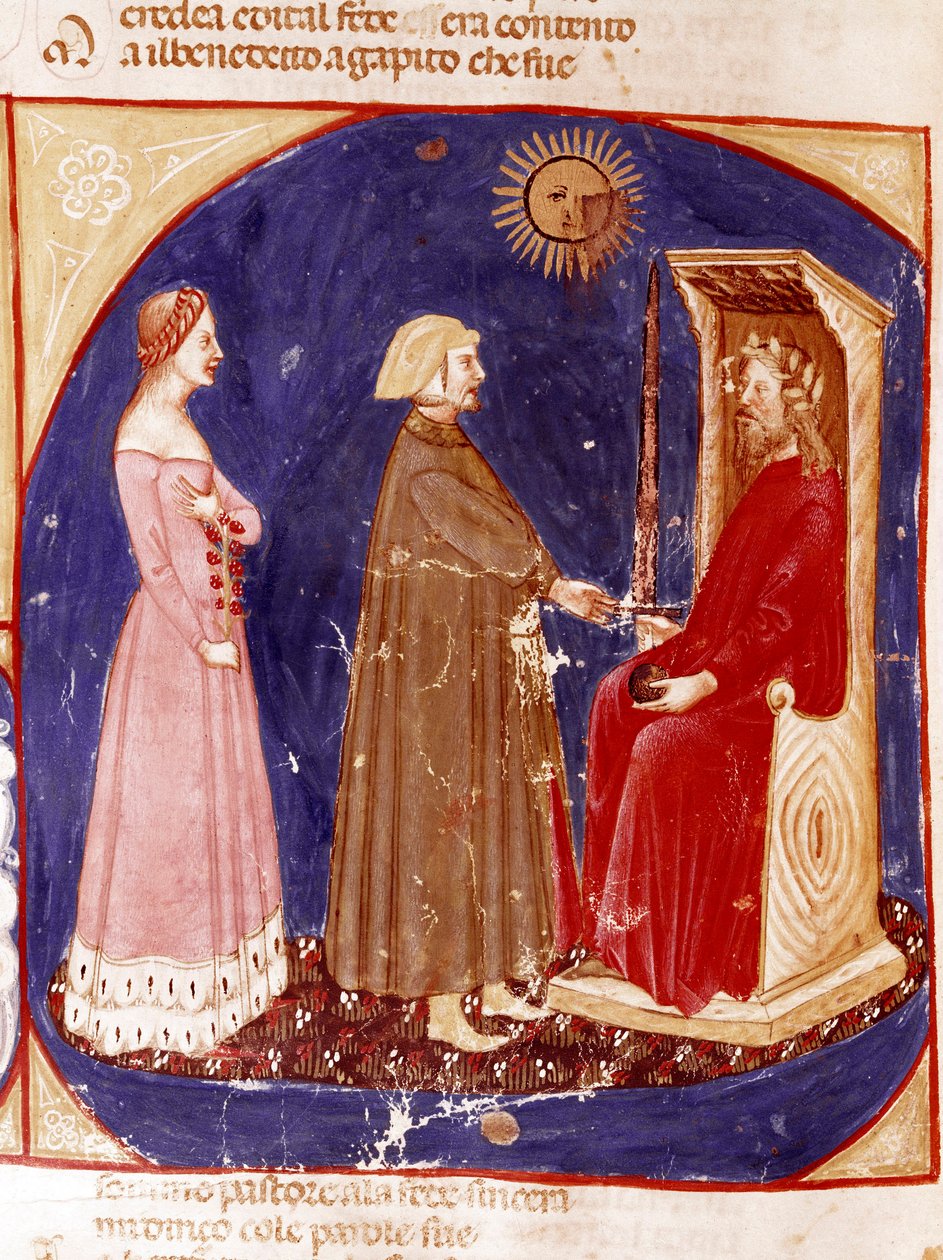 2. himmel: Dante og Beatrice møter den romerske keiseren Justinian i paradisets 1. himmel. Opplyst side som illustrerer en sang fra Paradiset fra "Divina Commedia" av Dante Alighieri (1265-1321). 1300-tallet, Venezia, Biblioteca Marciana av Unknown artist