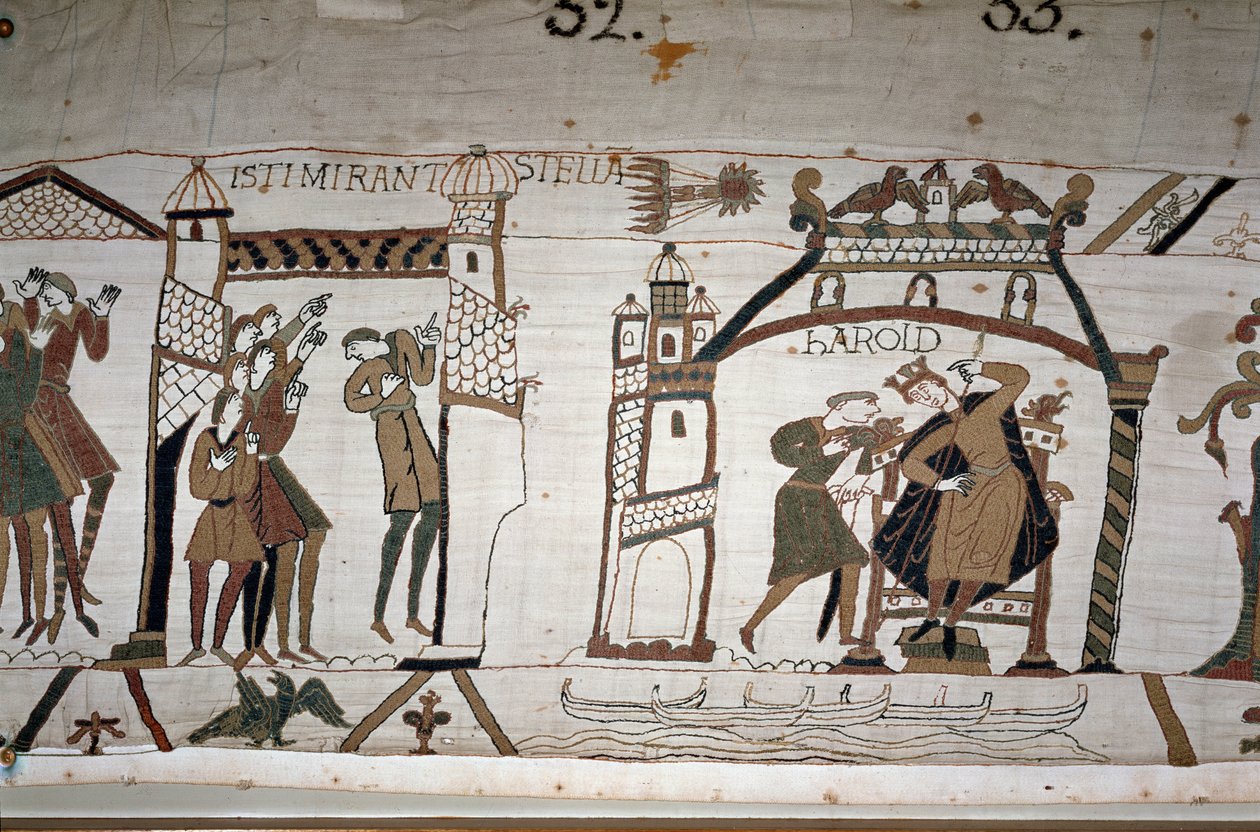 32: Kometens utseende; 33: En budbringer advarer kong Harold II (1022 - 1066) - Bayeux-teppet, kjent som Embroidery of Queen Mathilde av Unknown artist