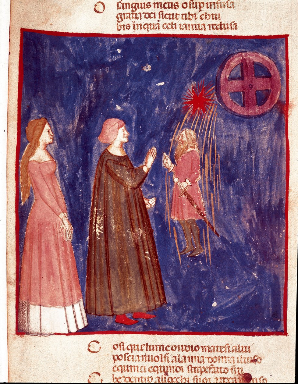 5. himmel: Dante og Beatrice møter Lord Cacciaguida i den himmelske sfæren til kjempenes sjel. Opplyst side som illustrerer en sang fra Paradiset fra "Divina Commedia" av Dante Alighieri (1265-1321). 1300-tallet, Venezia, Biblioteca Marciana av Unknown artist