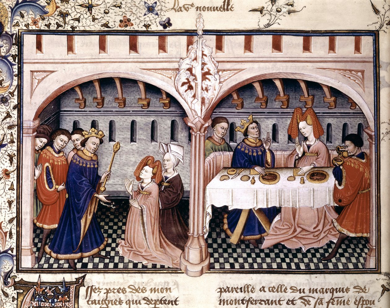 Sjette novelle: Giovanna spiser lunsj med Federigo Alberighi, er en belysningsutdrag fra Boccaccios Decameron (1432) av Unknown artist