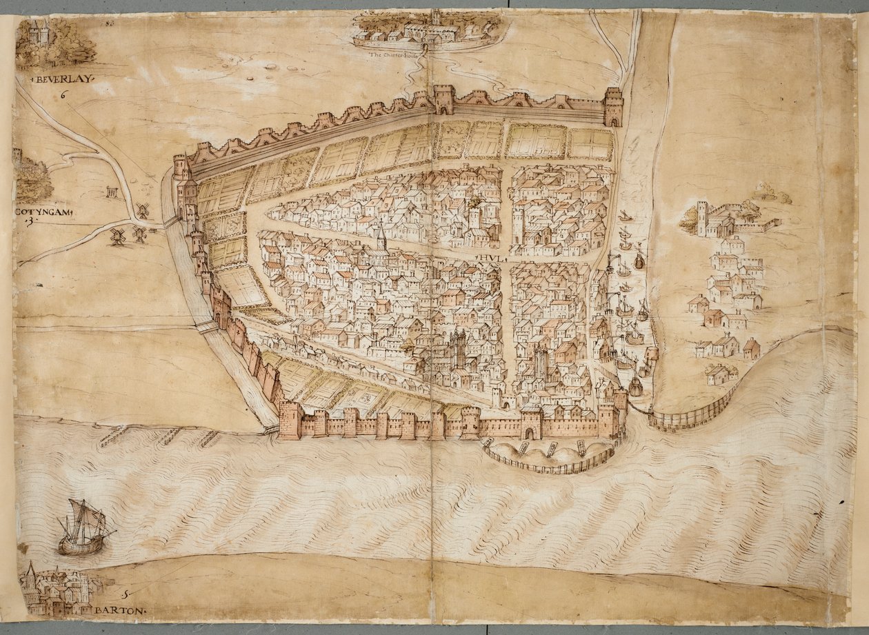 En representasjon fra 1500-tallet av byen Hull. Dette kartet viser byen Hull, som ligger der elven Hull renner inn i Humber-elvemunningen. Det er en av en serie planer som ble tegnet for å vise tilstanden til kystforsvaret på slutten av 153. av Unknown artist