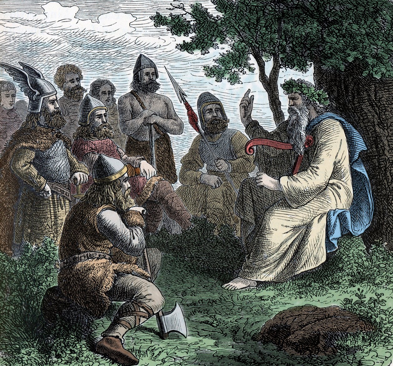 A Bard Reciting to Northmen - Viking Civilization: A Bard Druid Recite Poesy to Warriors, 8.-9. århundre av Unknown artist