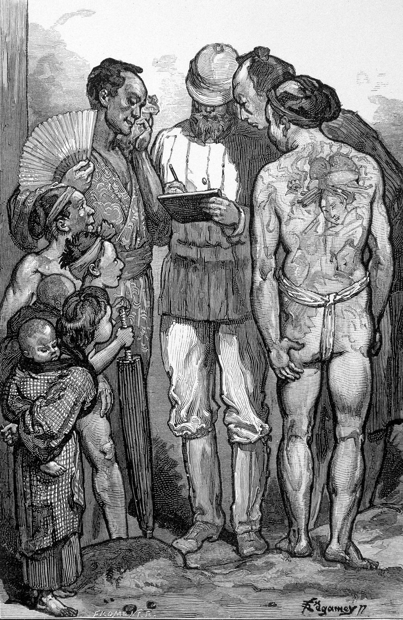 En europeisk oppdagelsesreisende omgitt av japanere - i "" japanske turer"" av Emile Guimet av Unknown artist