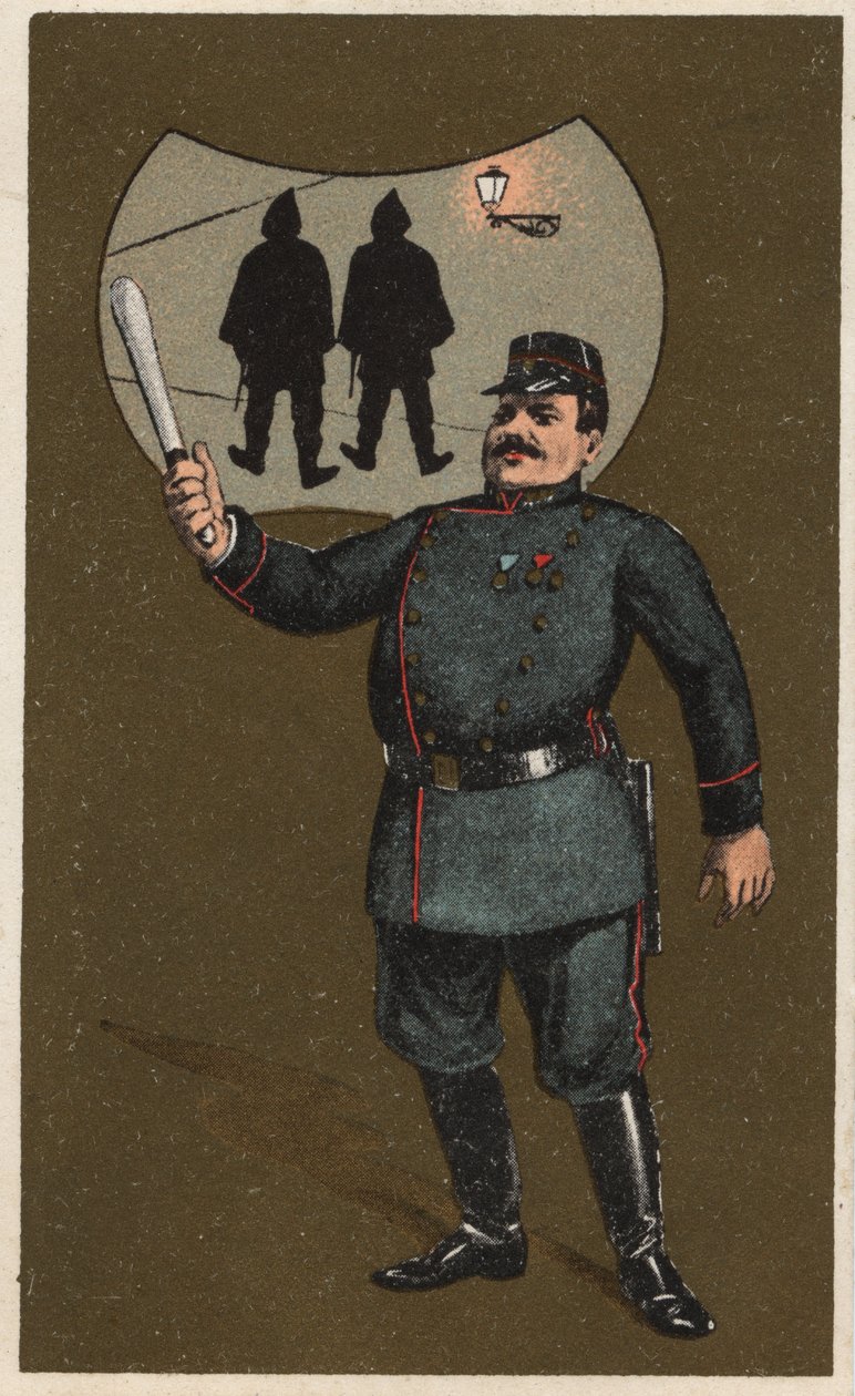 A French policeman in uniform with his truncheon. Anonymous chromolithography, late 19th century. av Unknown artist