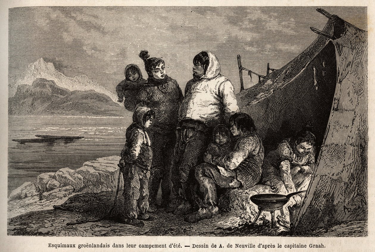 En grønlandsk inuittfamilie i sin sommerskinnleir. Gravering for å illustrere reisen til det frie havet på den arktiske polen, av Doctor Hayes, kirurg ved United States Navy, i 1860-1862, publisert i "Le tour du monde, nouveau journal des voyages", rediger av Unknown artist