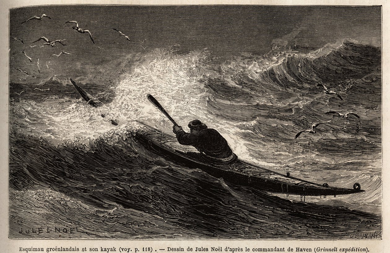 En grønlandskajakk passerer bølgesperren. Gravering for å illustrere reisen til det frie havet på den arktiske polen, av Doctor Hayes, kirurg ved United States Navy, i 1860-1862, publisert i "Le tour du monde, nouveau journal des voyages", redigert av Ed av Unknown artist