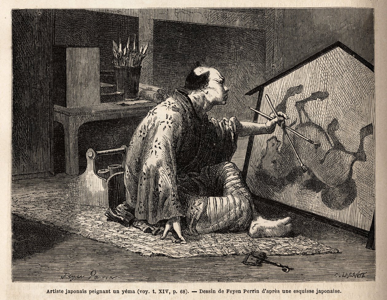 En japansk kunstner som maler et yema (legendarisk hestemaleri). Gravering for å illustrere reisen til Japan, i 1863-1864, av Aime humbert, minister for det sveitsiske konføderasjonen, i "" Le tour du monde, nouveau journal des voyages"" publisert under di av Unknown artist