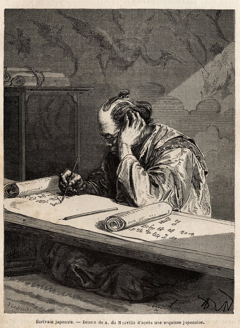 En japansk forfatter har arbeidsbordet sitt, og redigerer en tekst på en lang rull som han ruller eller destruerer i henhold til fremdriften i oppgaven. Gravering for å illustrere reisen til Japan, i 1863-1864, av Aime Humbert, minister for det sveitsiske  av Unknown artist