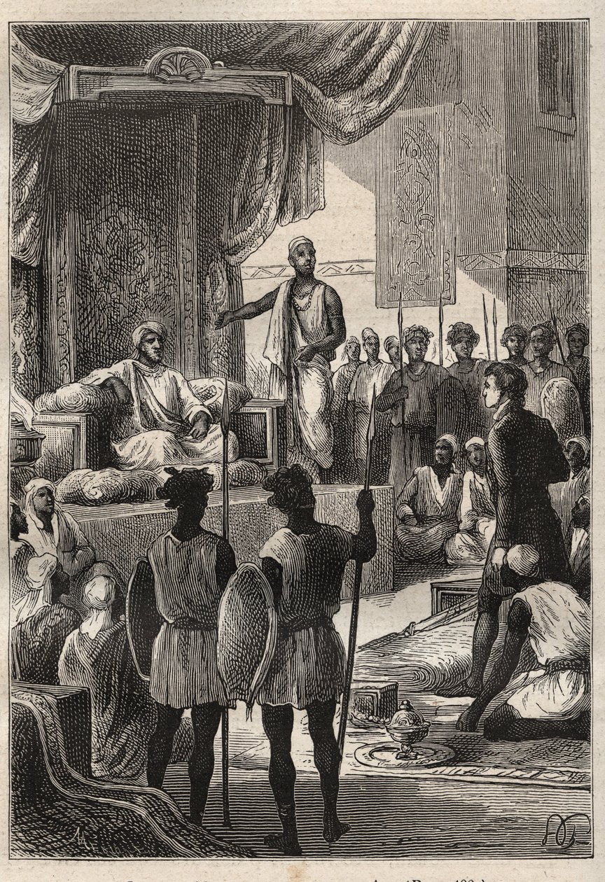 A Journey (1792-1795) to Egypt and the Near East by William George Browne (1768-1813): Browne meets the Sultan of Darfur Ald el Raschman (Abd-er-Rahman, known as El-Rachid or the Just), at El Fasher (Al-Fashir, Sudan) in 1793 - illustration from “The Great av Unknown artist