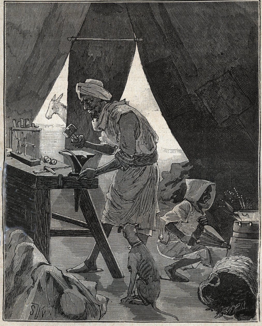 En kabylsk gullsmed i Algerie på 1800-tallet. Gravering fra 1885 i "" Les arts et metiers illustres"" av Adolphe BITARD. av Unknown artist