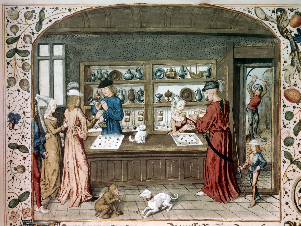 En miniatyrsmykkebutikk fra "" Le lapidaire de Jean (Jehan) de Mandeville (1300-1372)" Paris fra 1400-tallet, B.N. av Unknown artist
